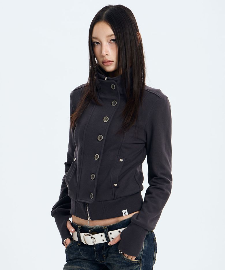 Button High Neck Zip Up (GREY)