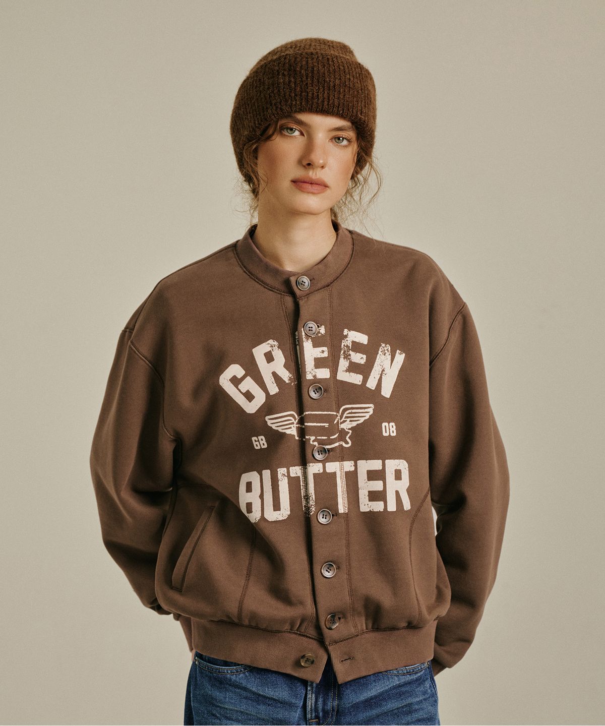 그린버터(GREENBUTTER) Butter Wing Button Sweatshirt (Brown)