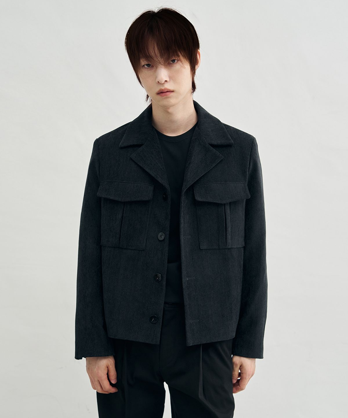 어레이드(ARRAYED) 브러쉬드 헤링본 크롭 자켓 [BLACK]