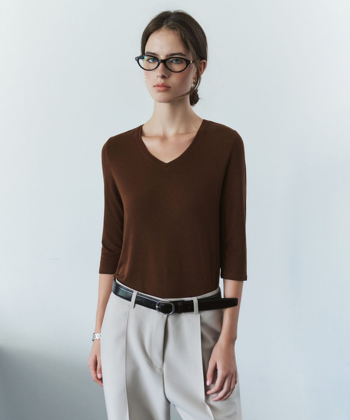 시야쥬(SIYAZU) SITP5313 소프트 브이넥 7부 티셔츠_Brown