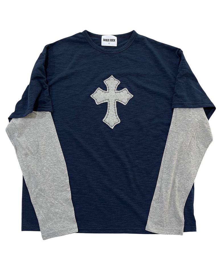 Cross Slub Layered T-Shirt (navy*melange gray)
