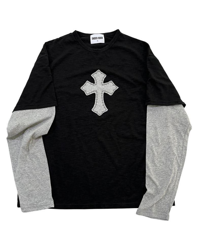 Cross Slub Layered T-Shirt (black*melange gray)