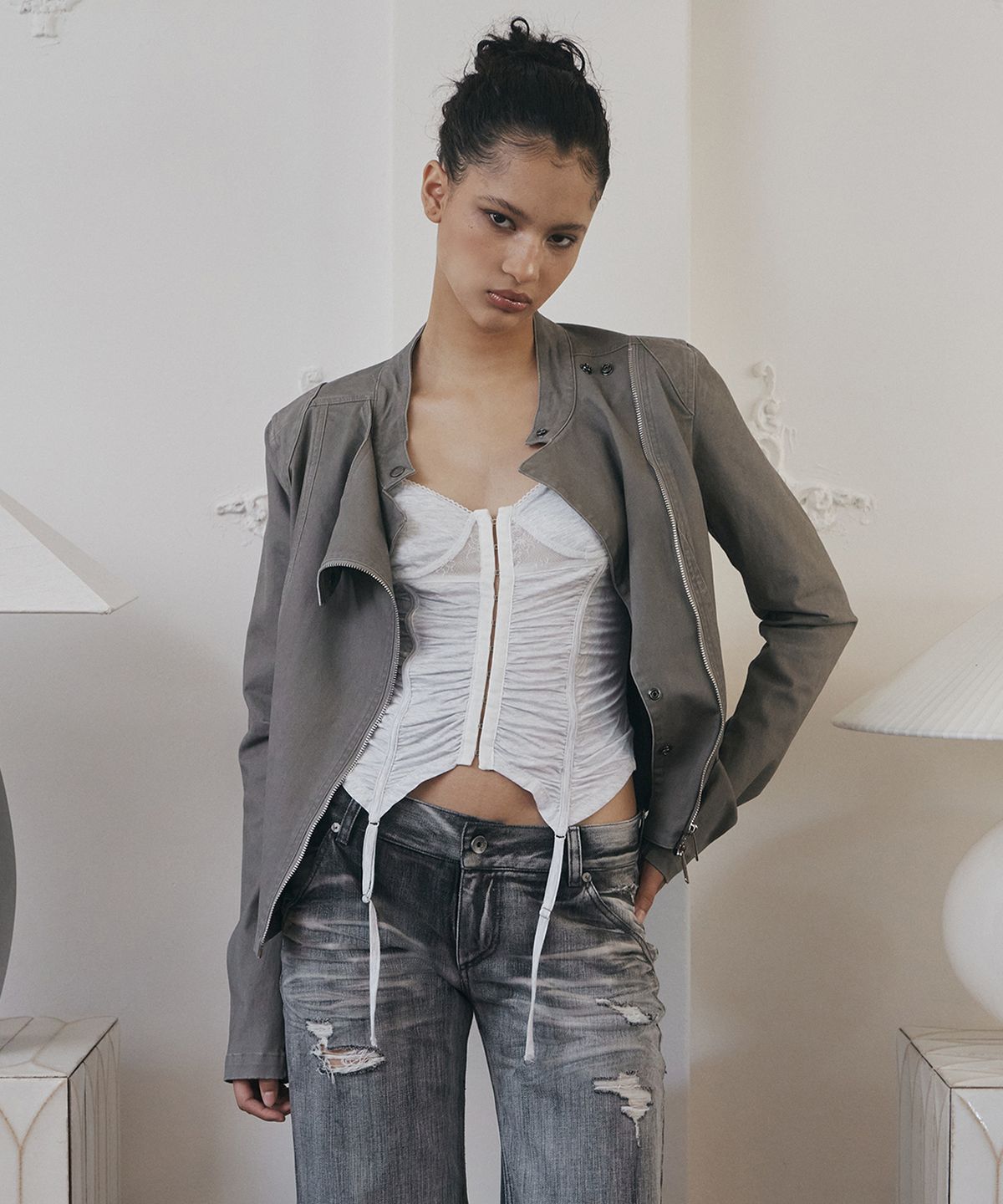 플리즈노팔로우(PLEASENOFOLLOW) Asym Cotton Washed Jacket (Washed Khaki Grey)
