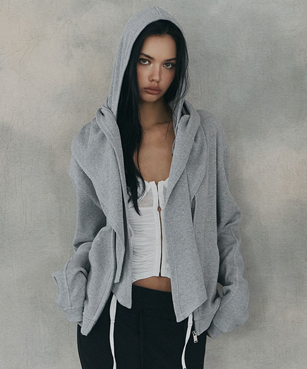 플리즈노팔로우(PLEASENOFOLLOW) Posie Scarf Waffle Hoodie Zip Up (Melange Grey)