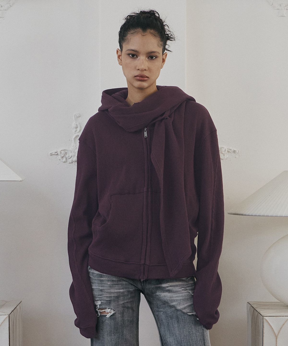 플리즈노팔로우(PLEASENOFOLLOW) Posie Scarf Waffle Hoodie Zip Up (Plum)