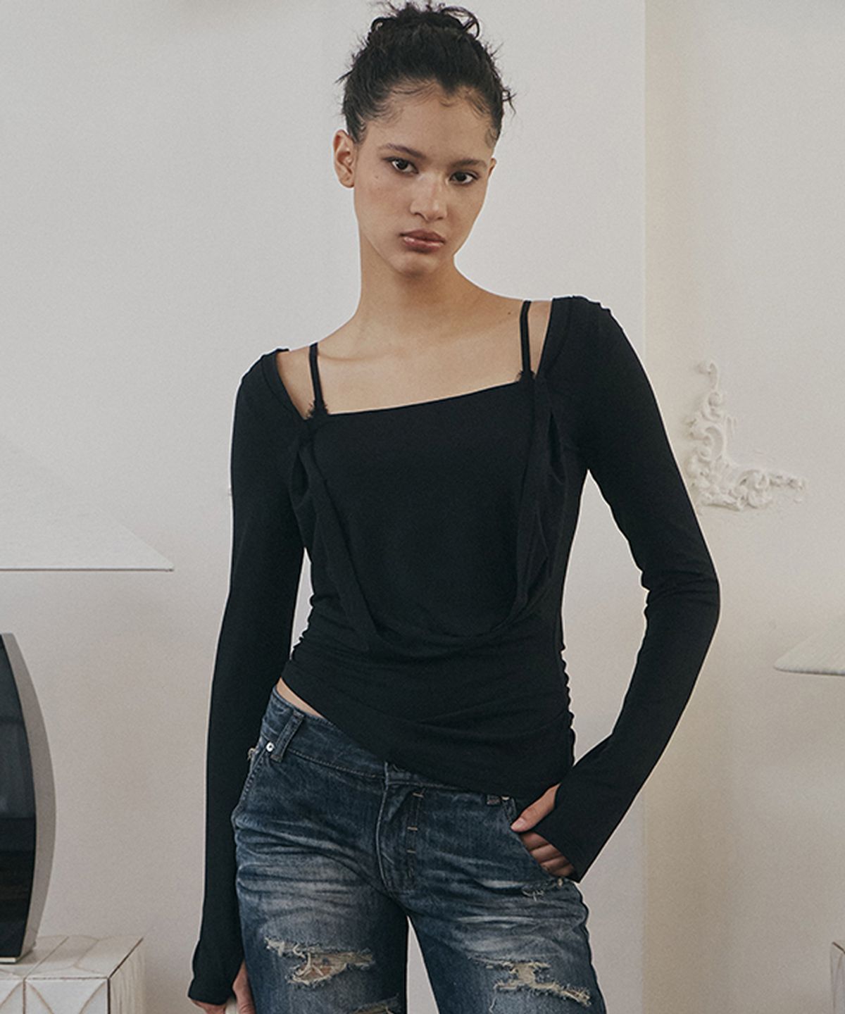 플리즈노팔로우(PLEASENOFOLLOW) Asa Drape Long Sleeve Top (Black)