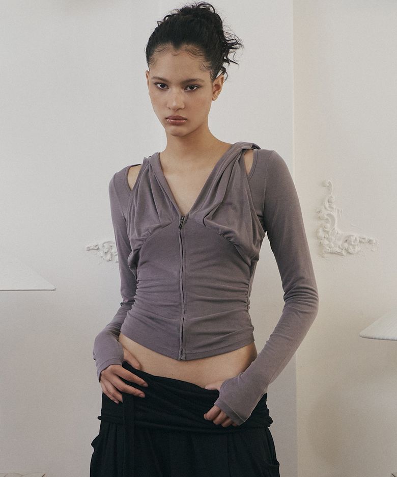 Rhea Drape Long Sleeve Hoodie (Mocha Grey)