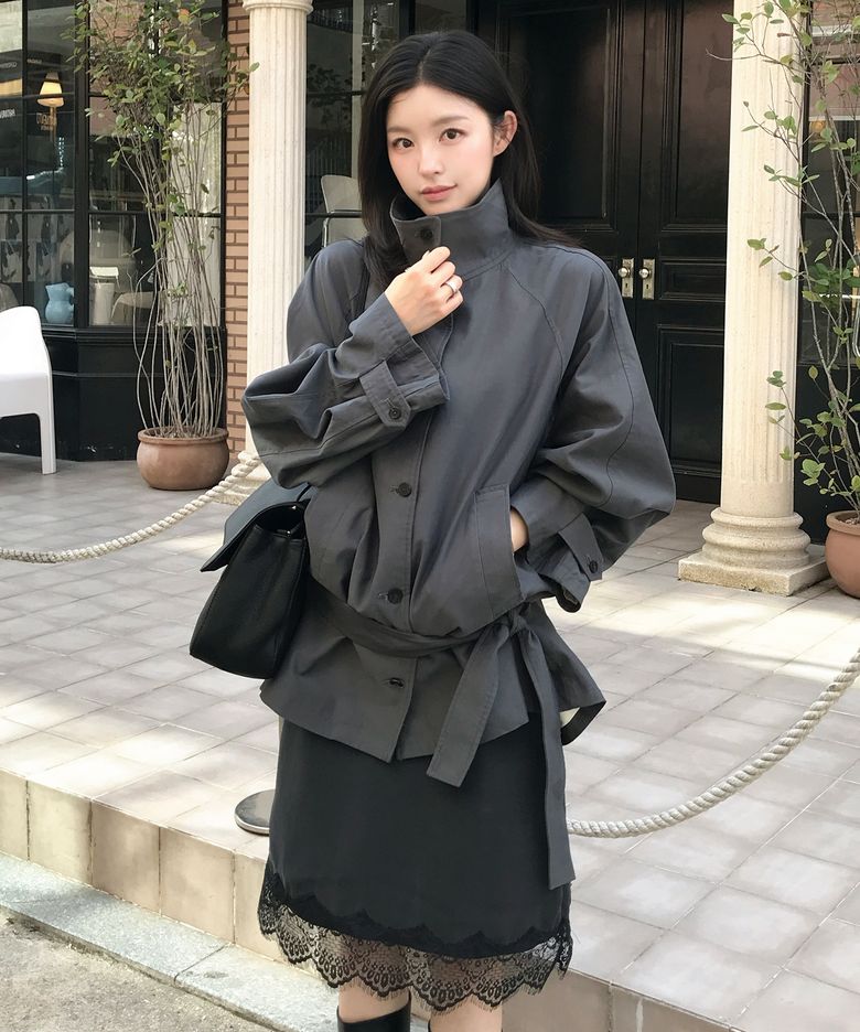 SIOT4202 오버핏 하이넥 벨티드 자켓_Charcoal