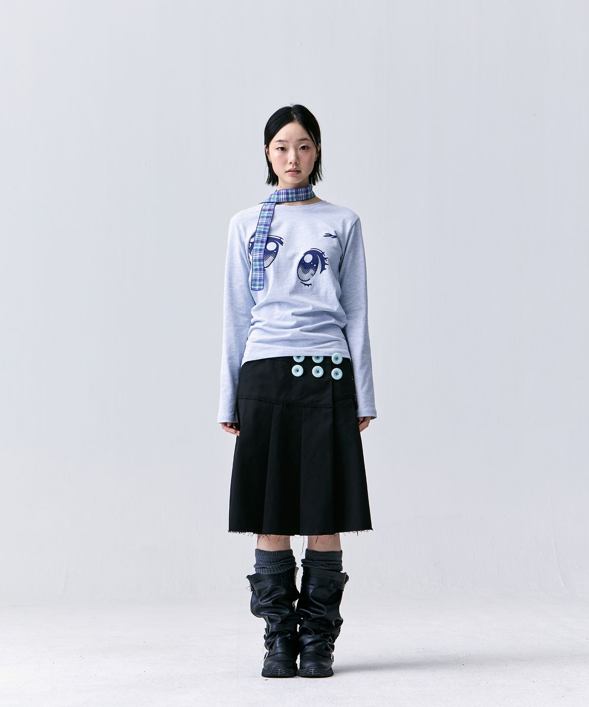 탄산마그네슘(TANSANMAGNESIUM) 더블 버튼 미디 스커트 (블랙)