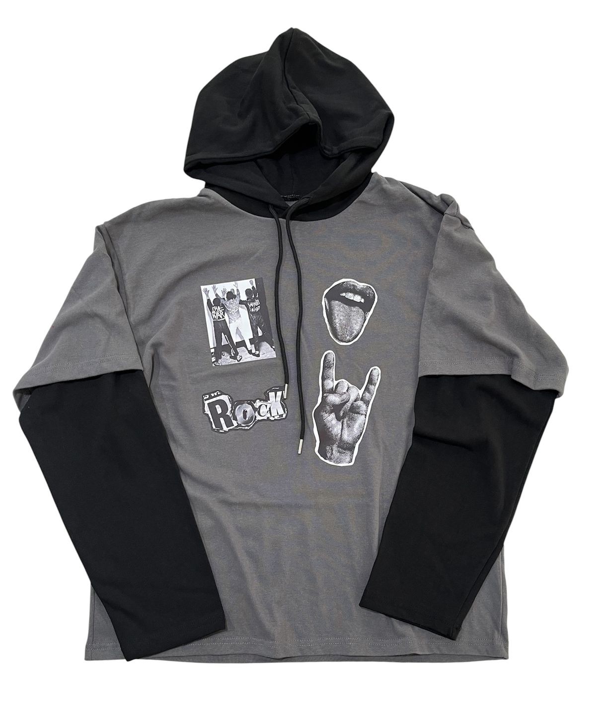스케이터락(SK8ER ROCK) Mtv Riot Layered Hood T-Shirt (Dark gray*black)