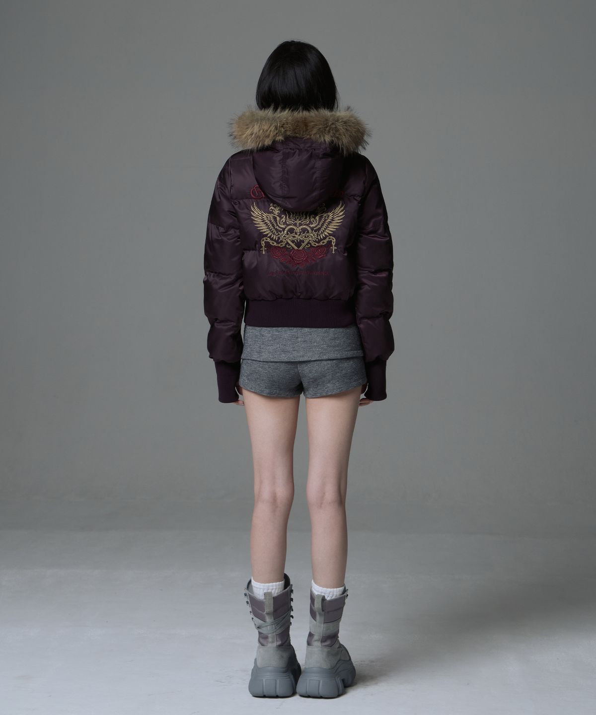 길라아카이브(GILAARCHIVE) FUR HOOD LIGHT PADDED JACKET_PURPLE