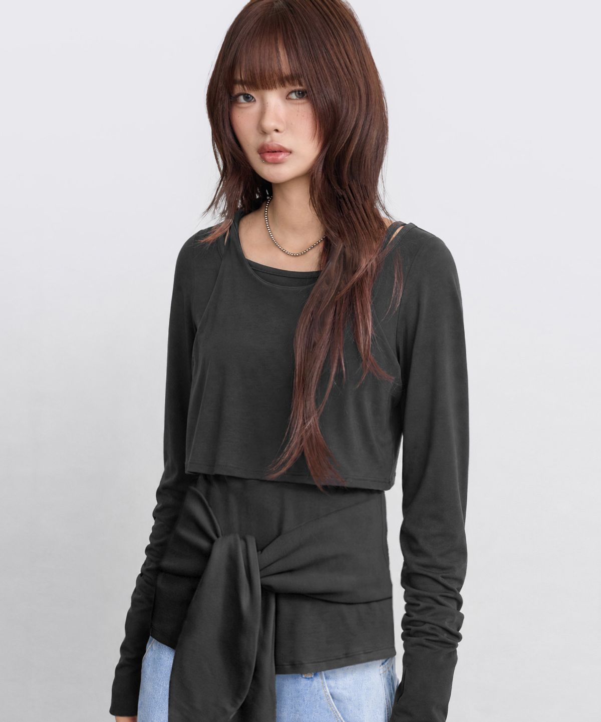 유젠(EUGGEN) [set] 레이어드 뷔스티에 롱 슬리브_블랙