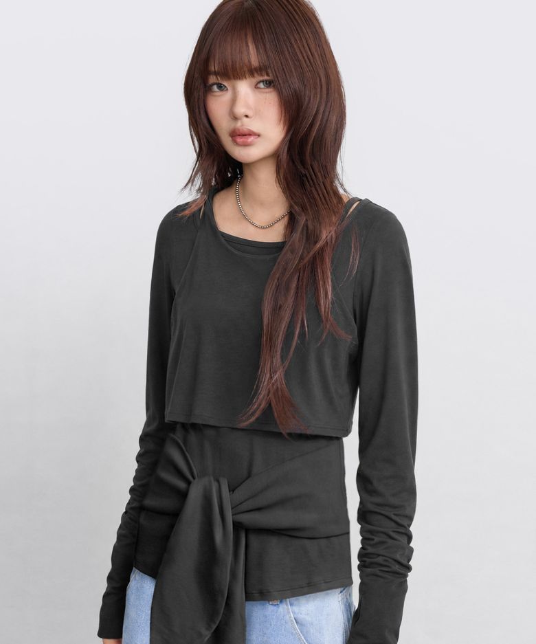 [set] 레이어드 뷔스티에 롱 슬리브_블랙
