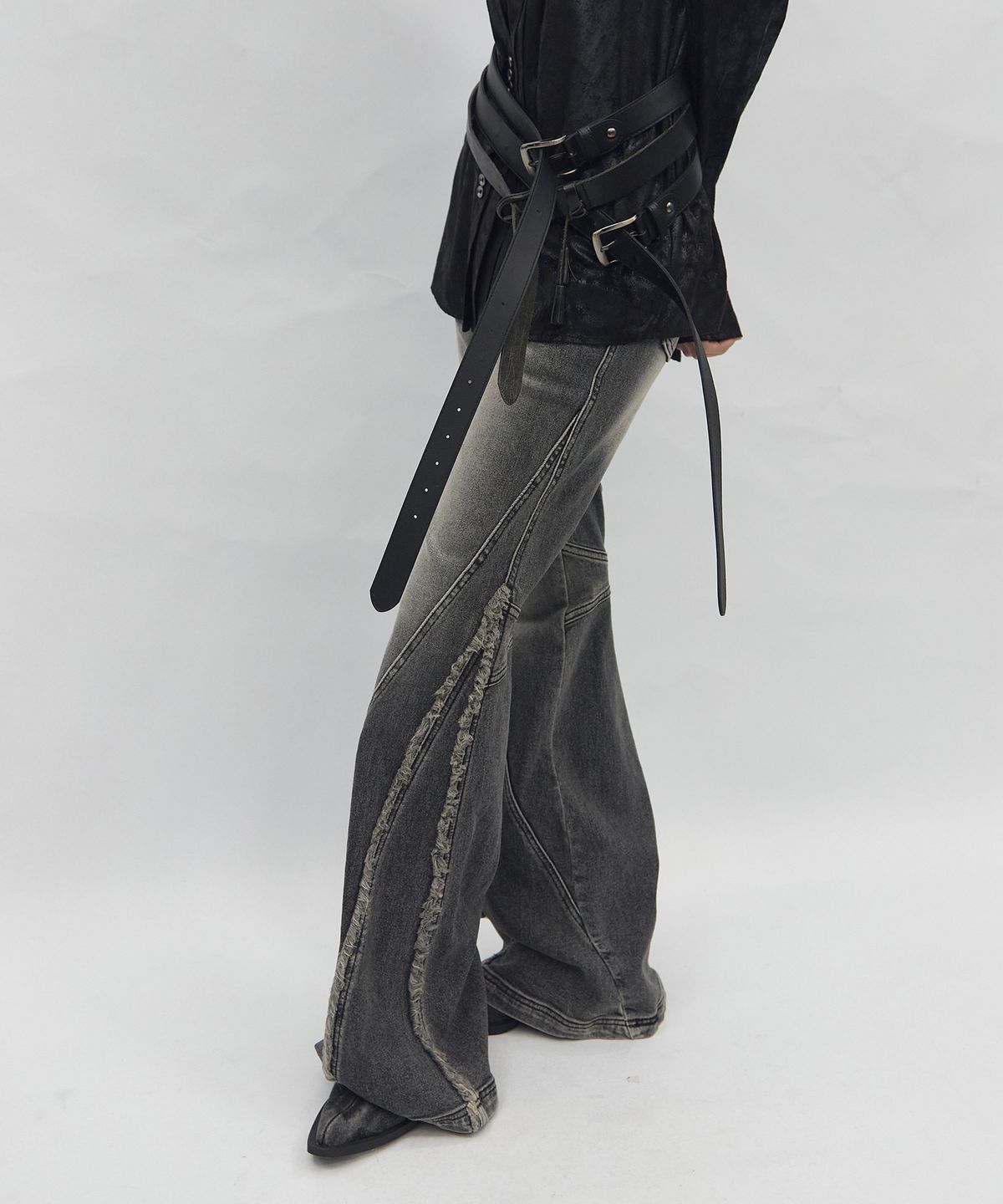 비엘알(BLR) Crush Double Line Washing Denim Pants Grey
