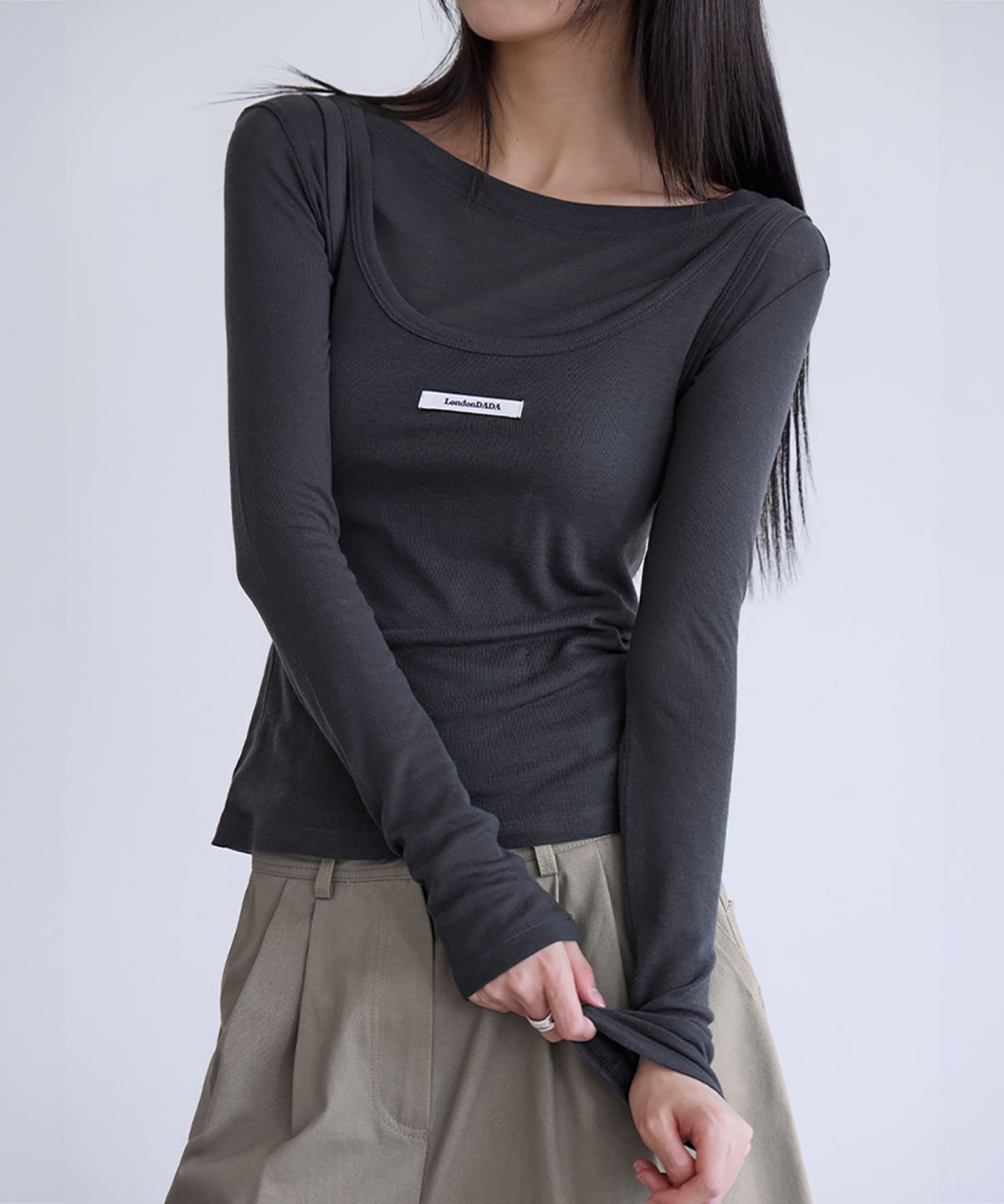 런던다다(LONDONDADA) Layerd Sheer Top Set, CHARCOAL