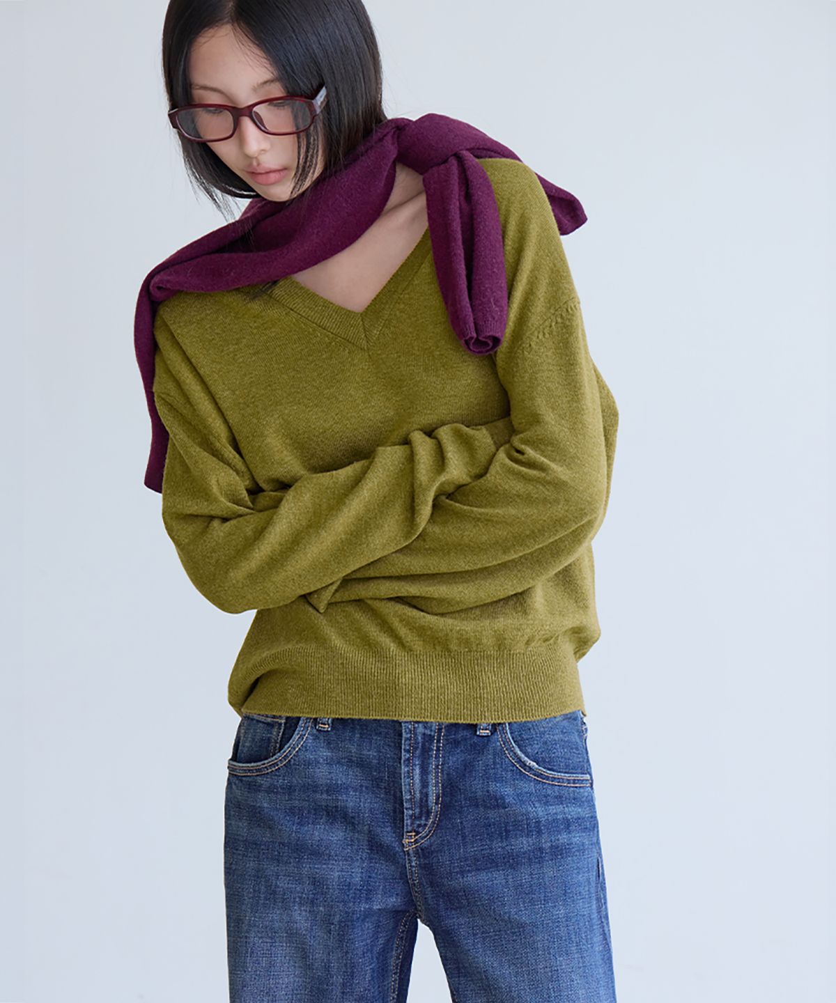런던다다(LONDONDADA) Cashmere Merino V-Neck Knit, OLIVE