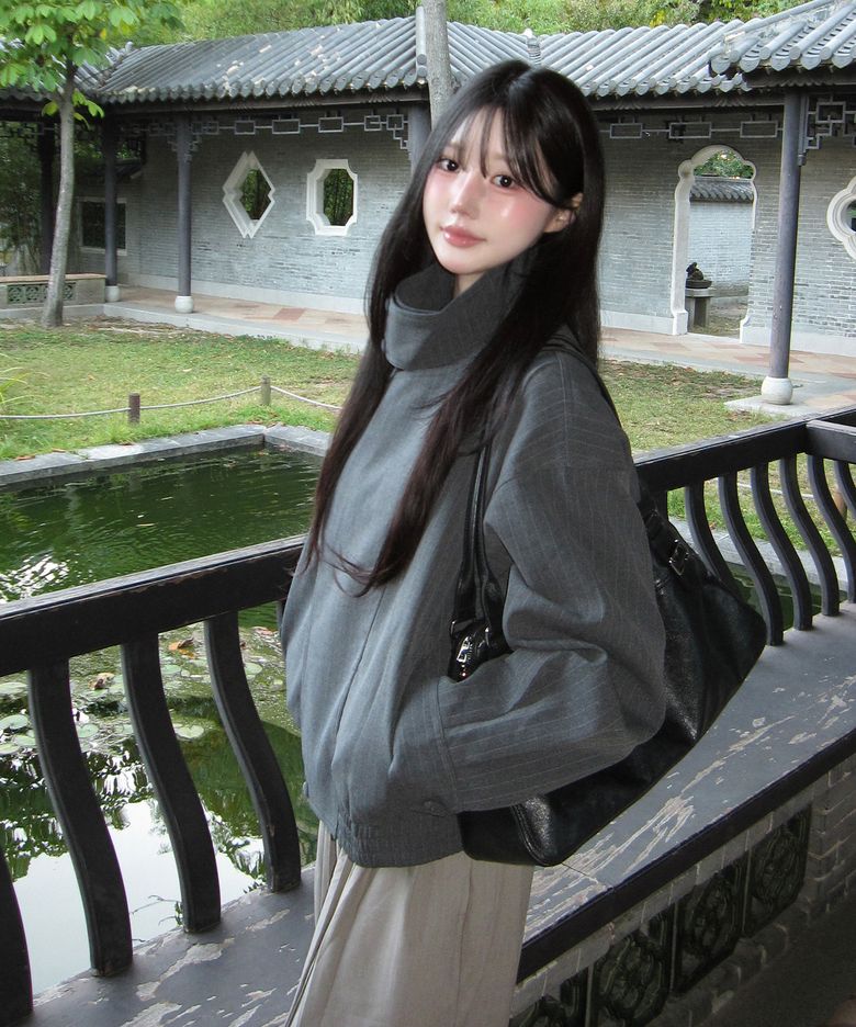Oversized High-Neck Stripe Blouson, CHARCOAL
