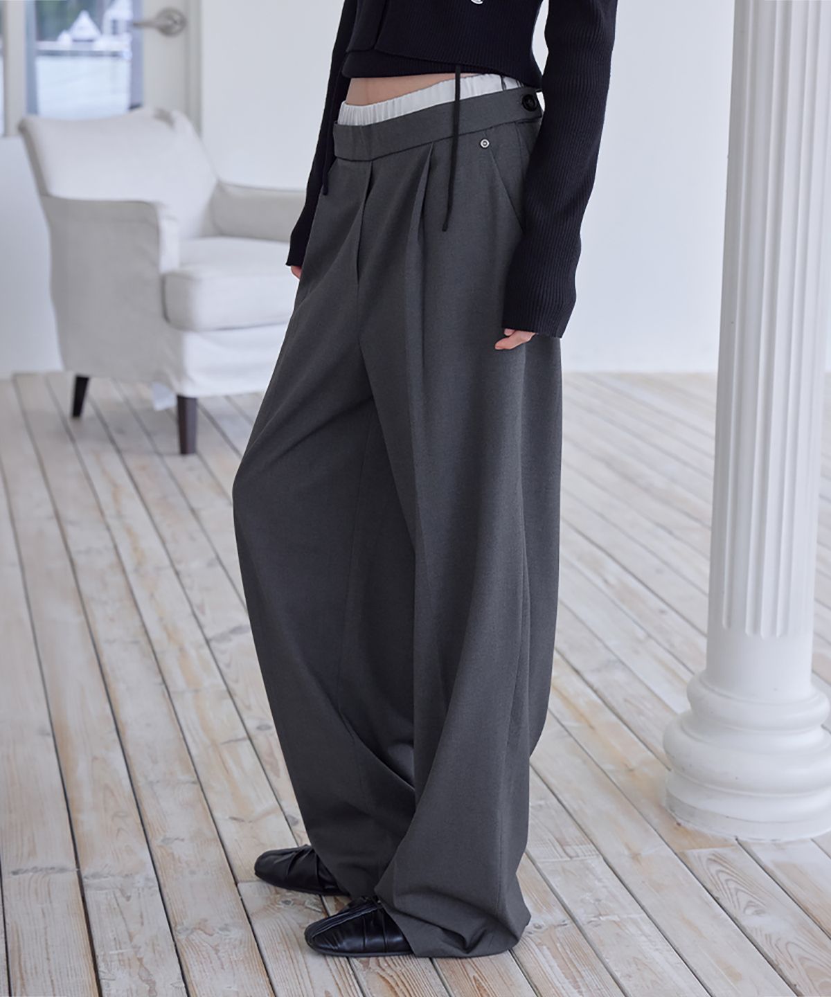 런던다다(LONDONDADA) Sagging Layered Slacks, CHARCOAL