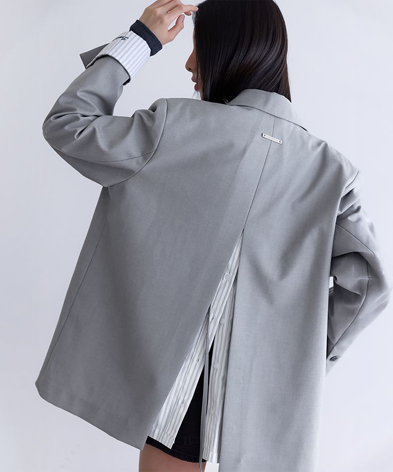 Shirt Lyered Back Slit Jacket, LIGHT GREY