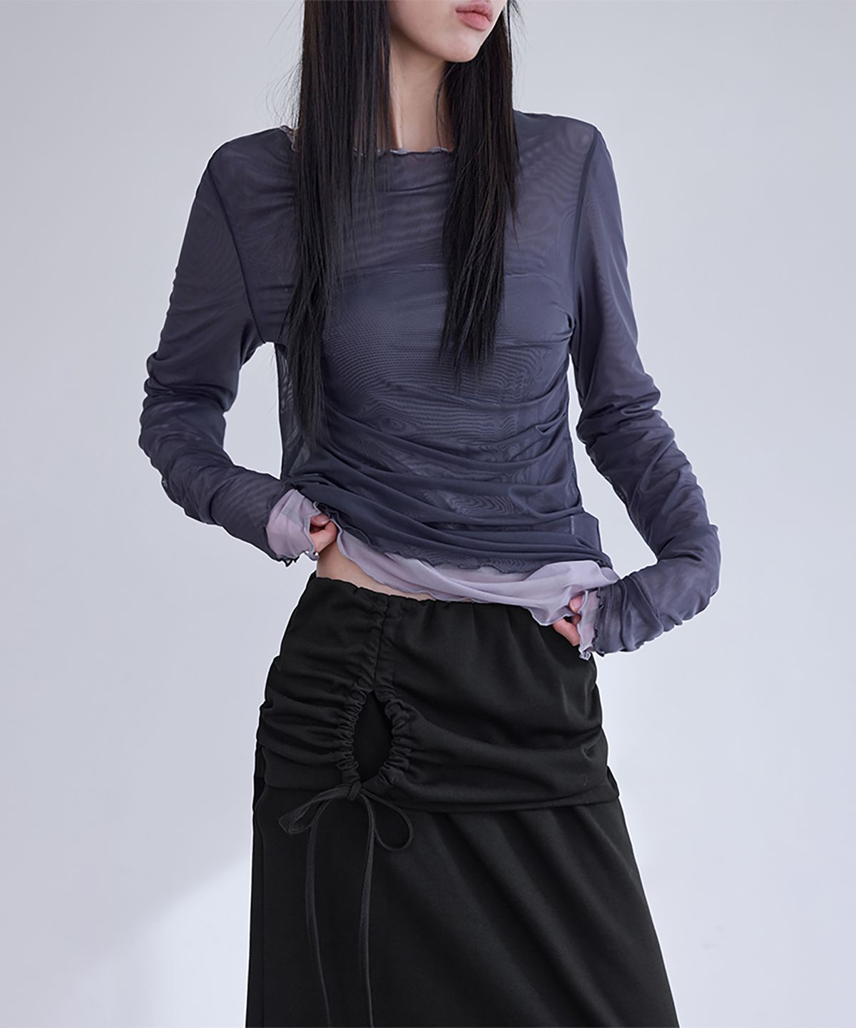 런던다다(LONDONDADA) Mesh Shirring Layered Long Sleeve, 3colors