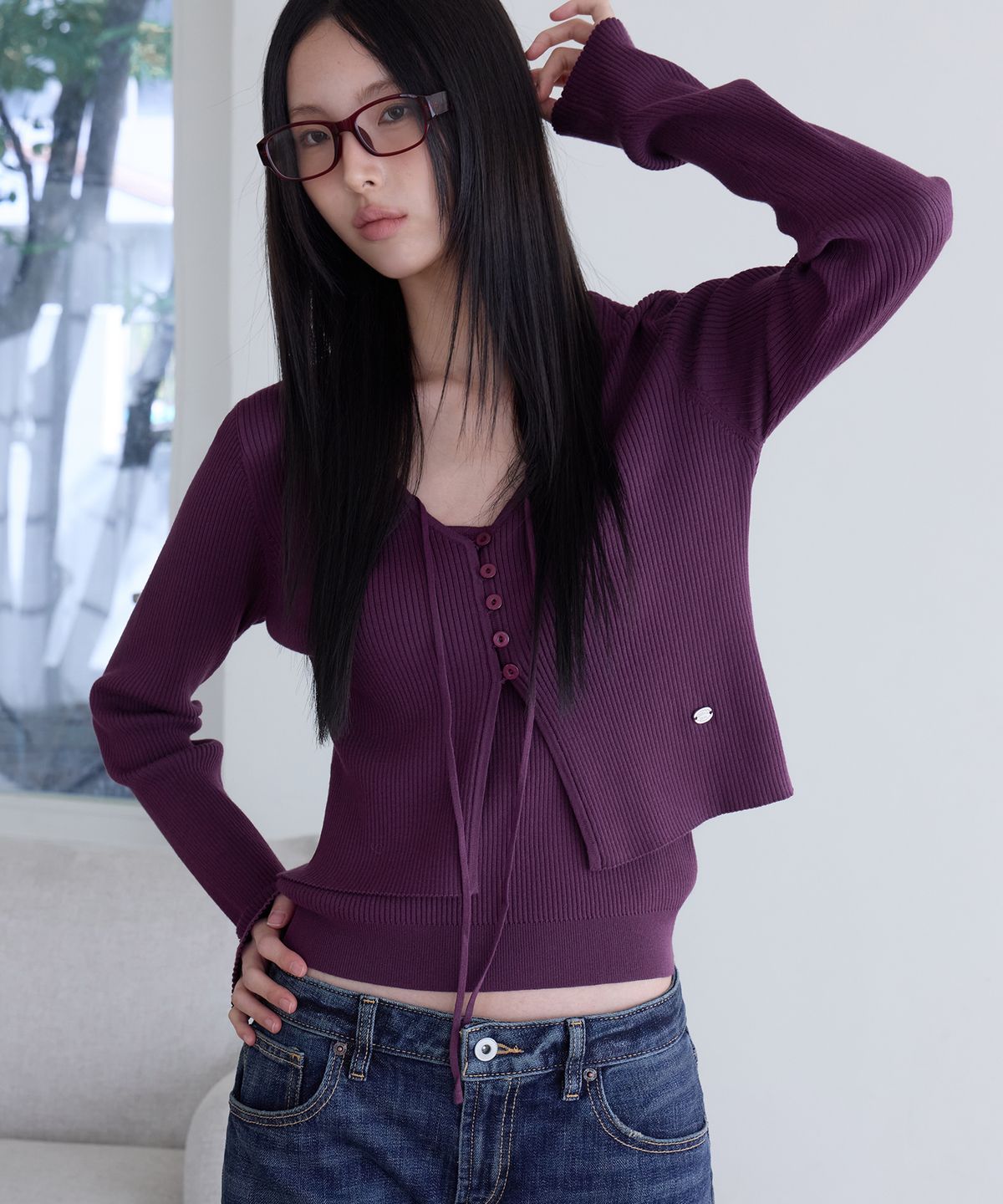런던다다(LONDONDADA) Slim Rib Knit Top&Cardigan Set, PURPLE