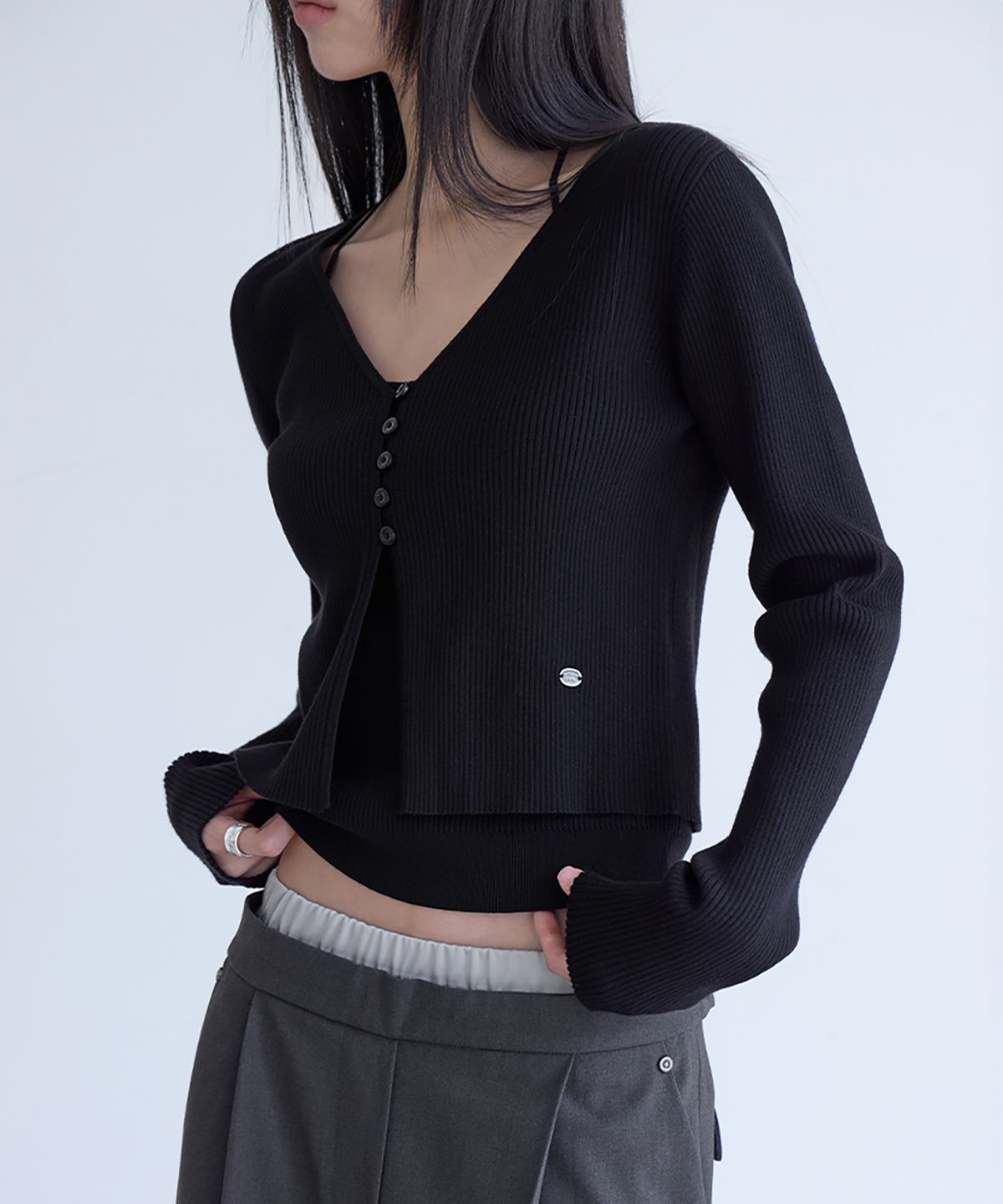 런던다다(LONDONDADA) Slim Rib Knit Top&Cardigan Set, BLACK