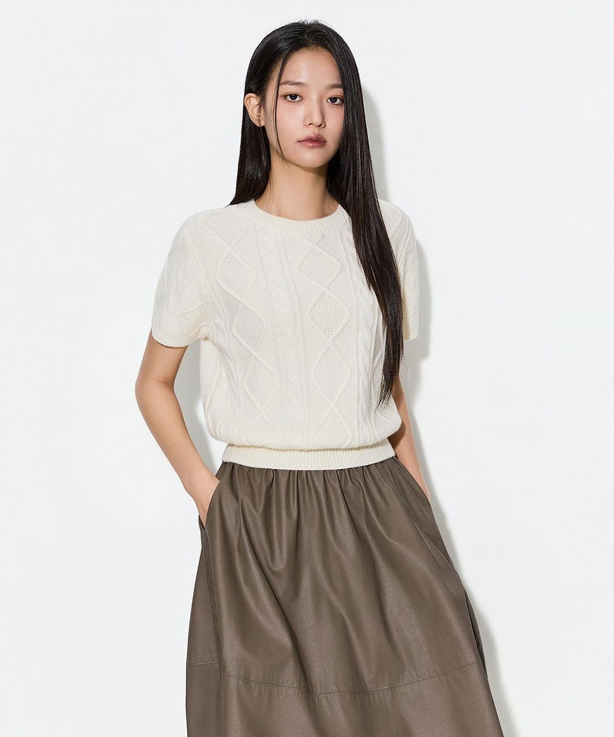 미쏘(MIXXO) 아란 케이블 반팔 니트_MIWKAGT02T