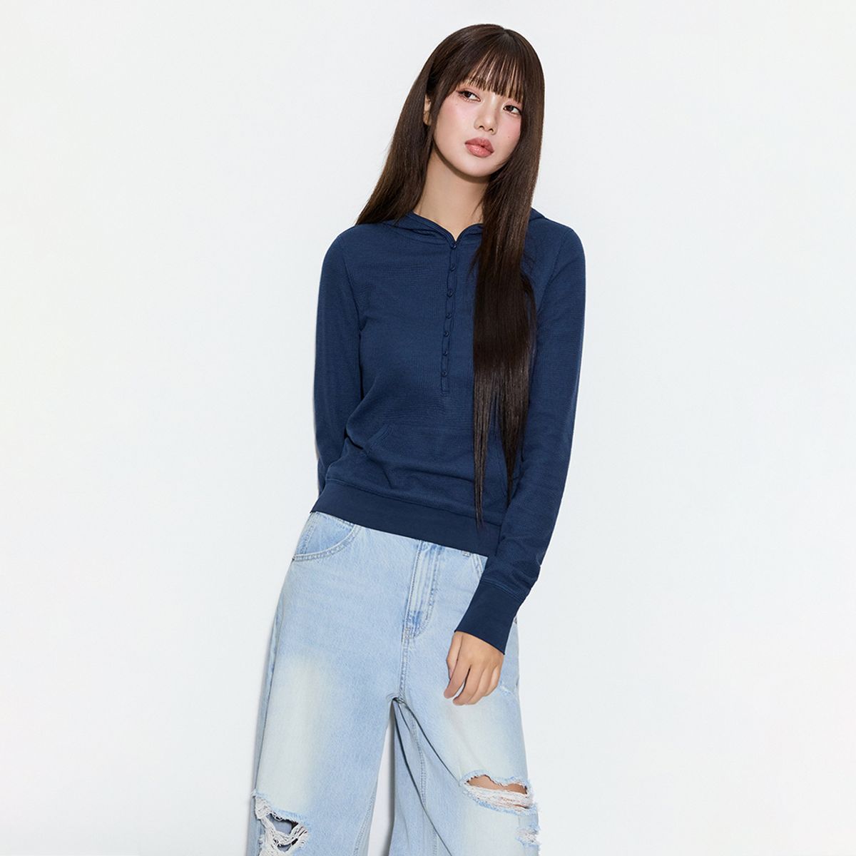 미쏘(MIXXO) 버튼업 와플 후드 티셔츠_MIWLWGT16A