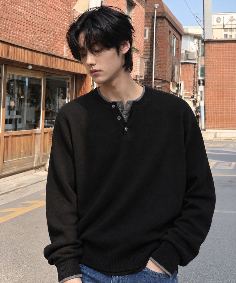 아르스 세미 오버핏 레이어드 헨리넥 니트 [블랙]