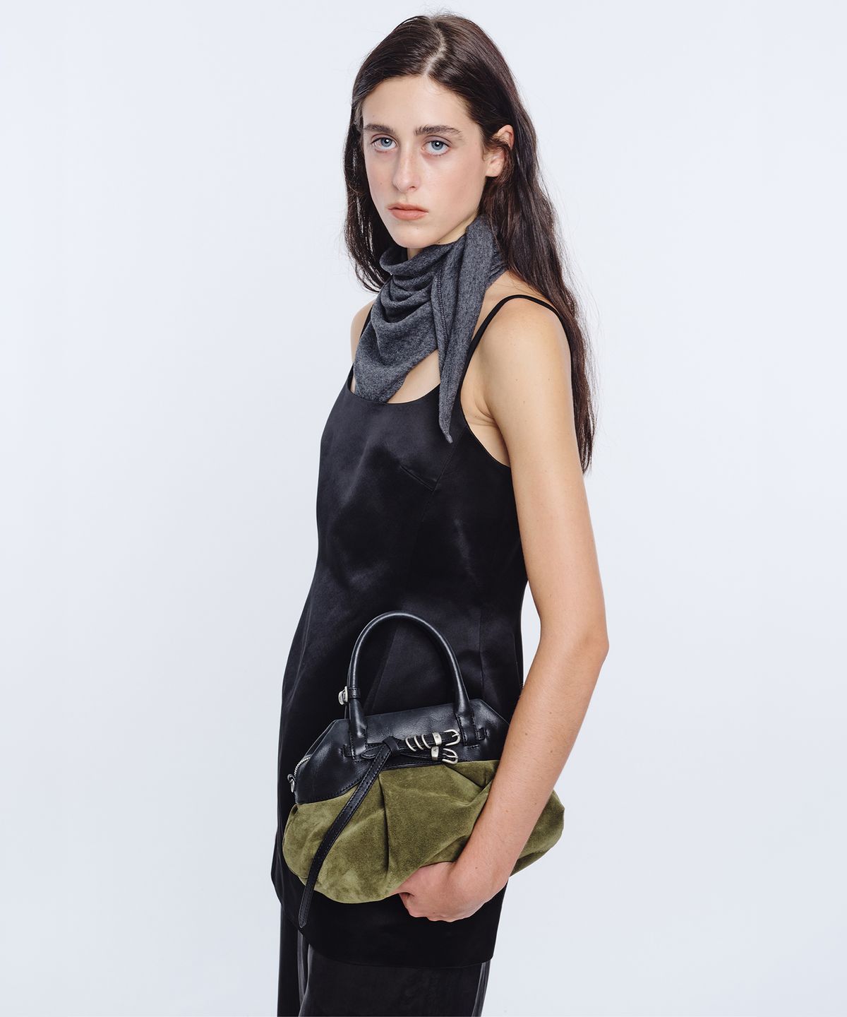 마지셔우드(MARGESHERWOOD) SOFT GRANDMA LAYERED MINI BAG_dark olive suede