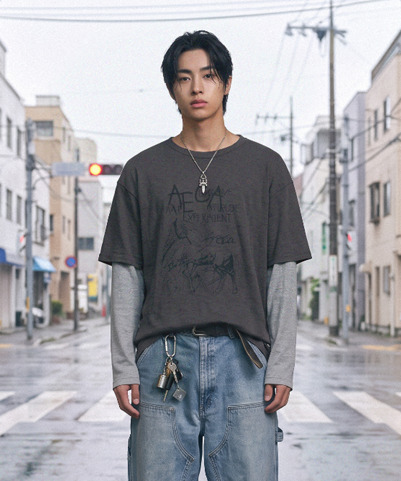 AECA GRAPHIC LAYERED LONG SLEEVE-CHARCOAL