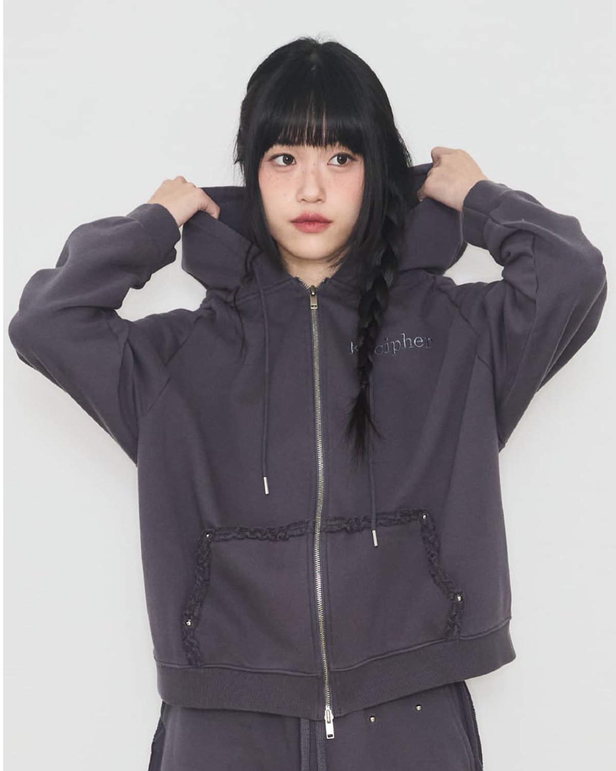 카인드싸이퍼(KIND CIPHER) 빈티지 로우컷 후드 집업 차콜