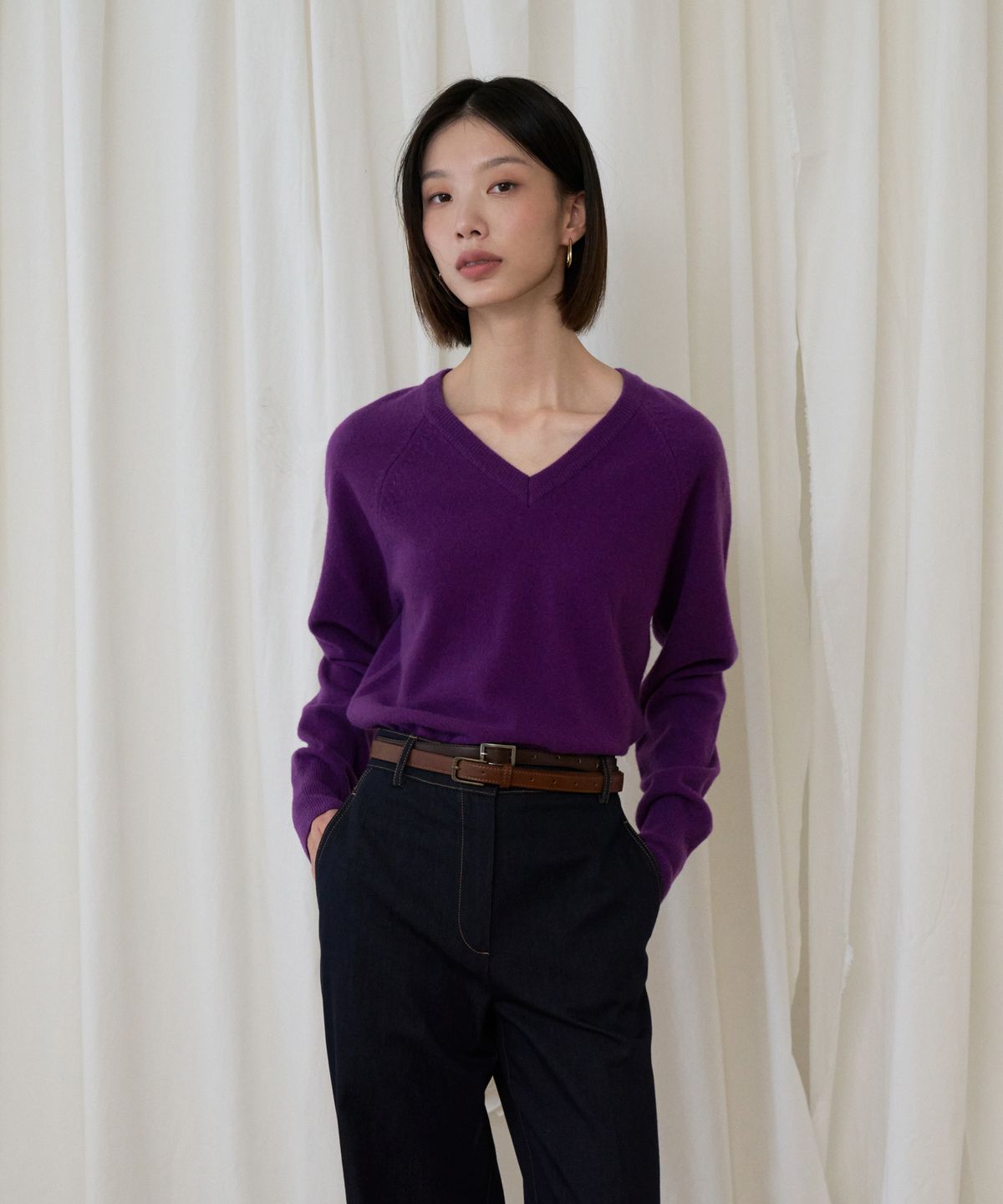 블레티(VLETI) Wool 100% V-neck Raglan Knit (Purple)