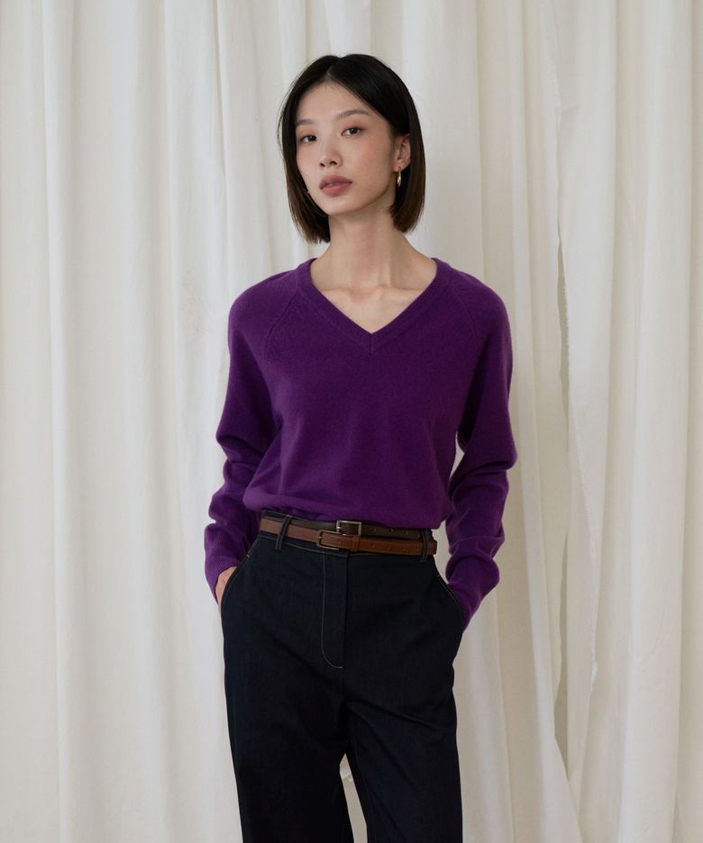 Merino Wool 100% V-neck Raglan Knit (Purple)