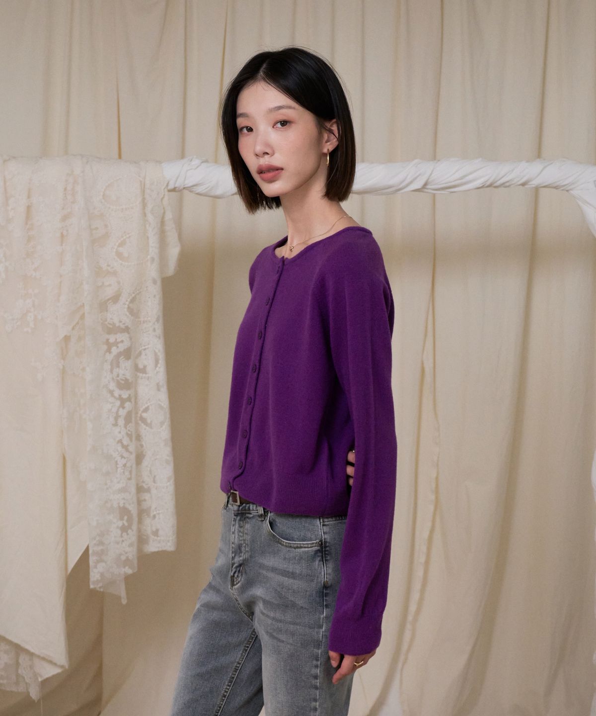 블레티(VLETI) Wool 100% Round Knit Cardigan (Purple)