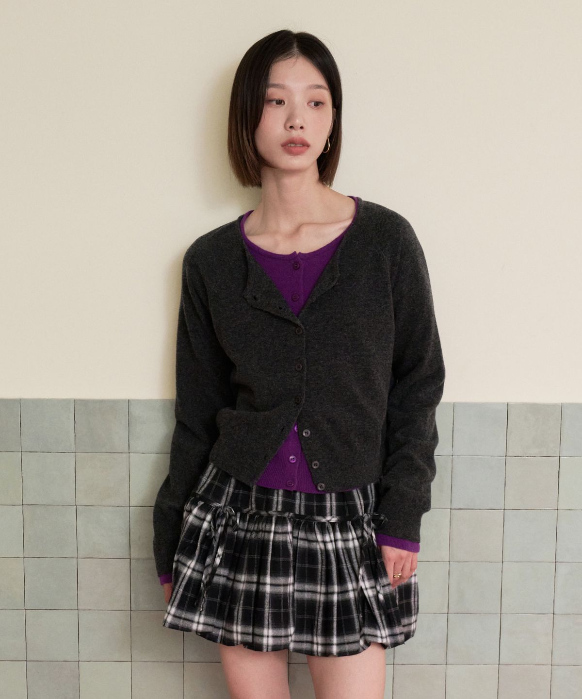 블레티(VLETI) Wool 100% Round Knit Cardigan (Charcoal)