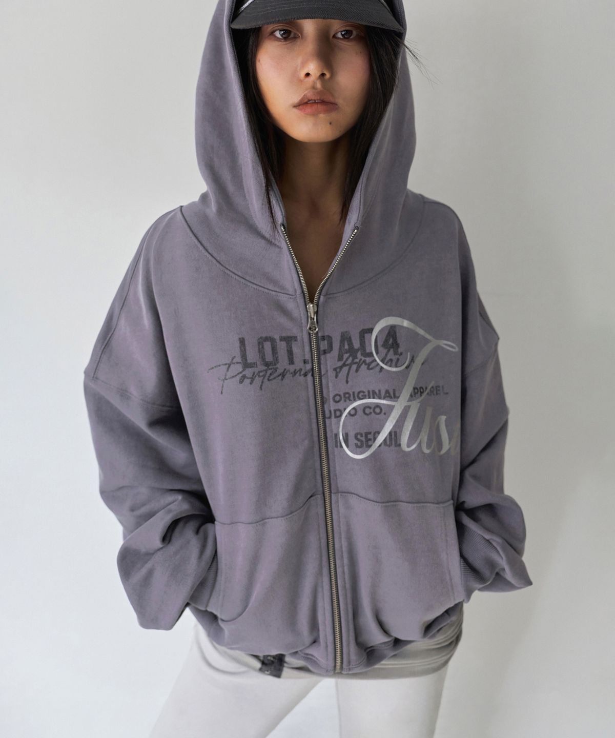 포르테나(PORTERNA) HIGH NECK VINTAGE GRAPHIC PIGMENT HOODIE ZIP-UP-ASH PURPLE