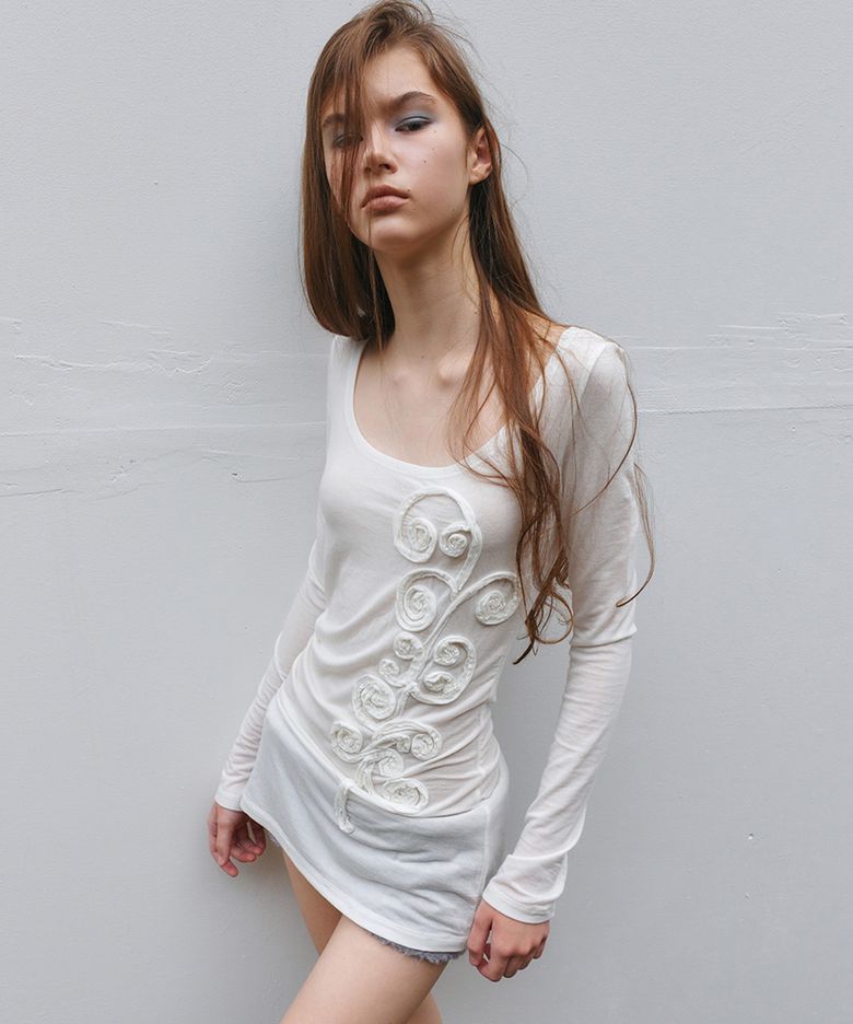 Rosette Sheer Long Sleeve, Ivory