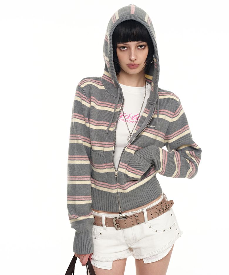 멜로우 스트라이프 후드집업_그레이 Mellow Stripe Hoodie Zip-Up_Gray