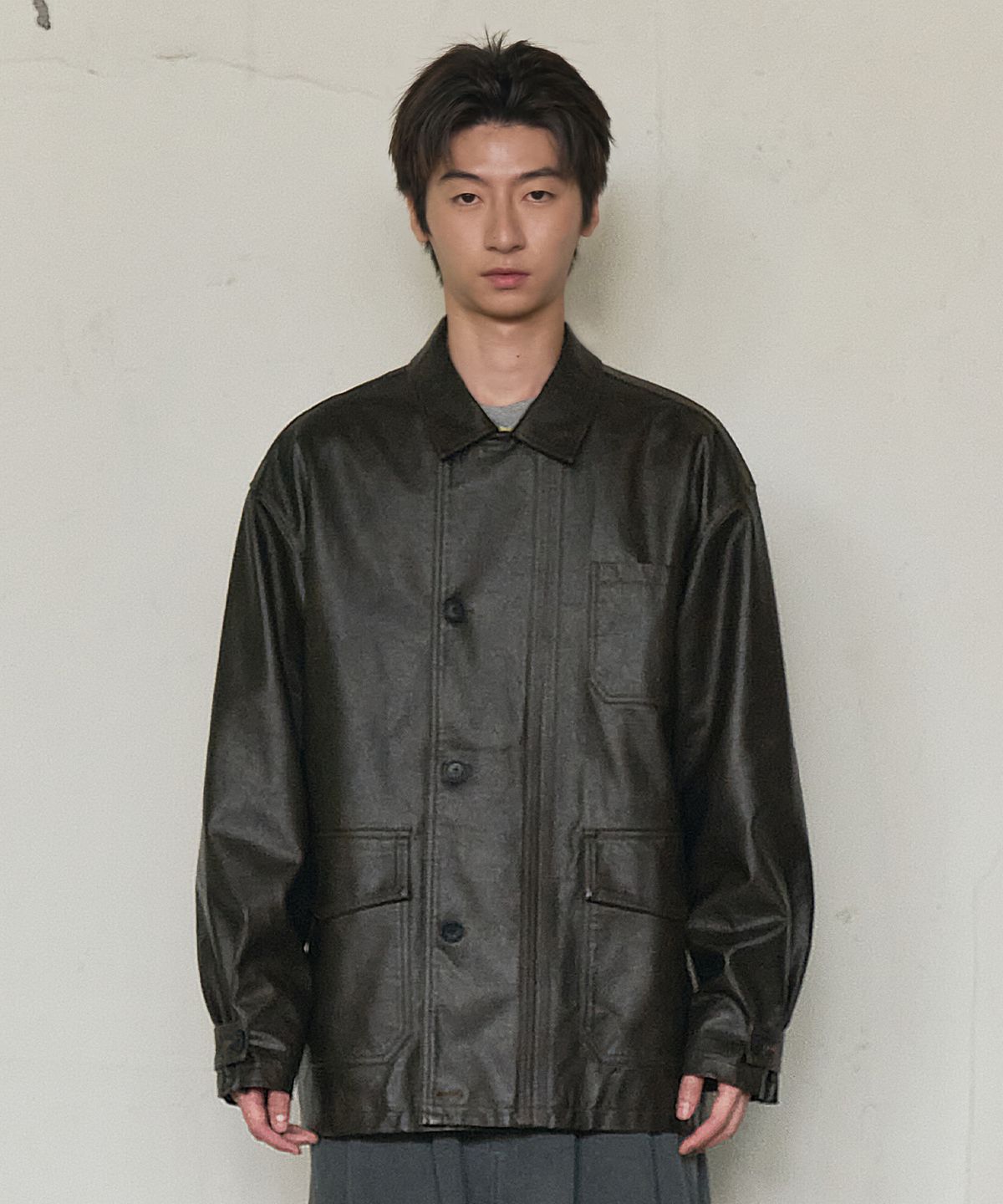 논타입(NONTYPE) LEATHER WORK CAR COAT (DARK BROWN)