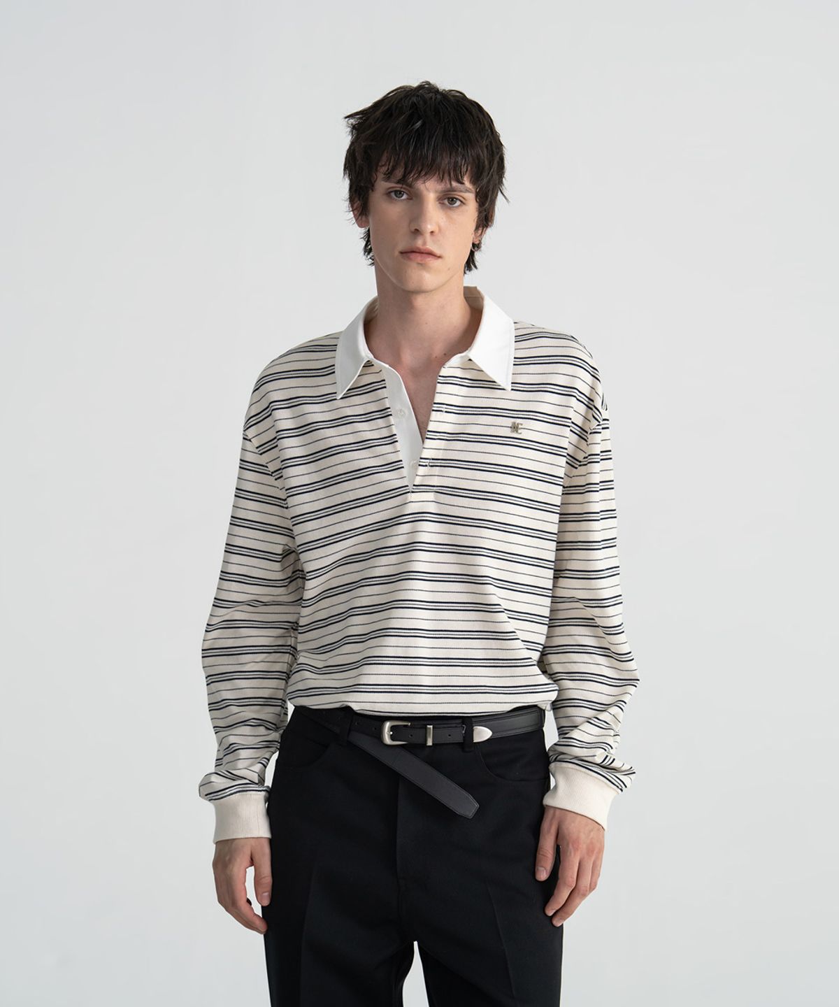 노이스(NOICE) PIQUE STRIPED LOGO POLO SHIRT - IVORY