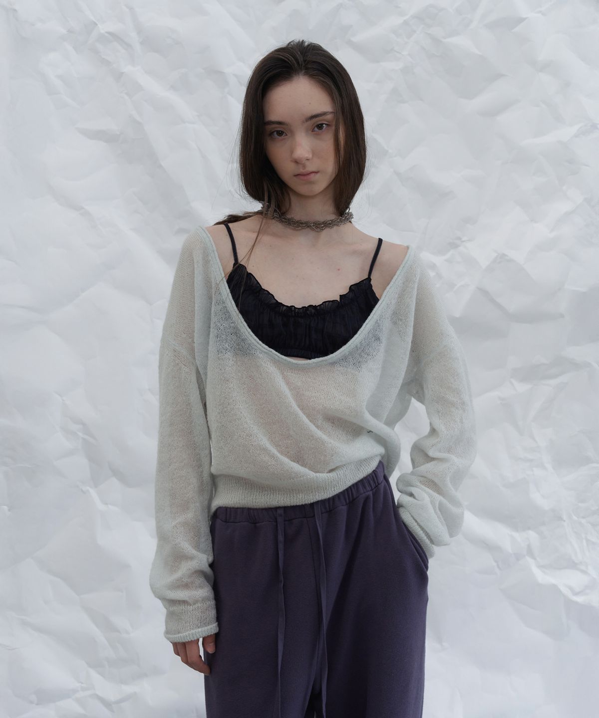 포에토(FOETO) Veil kidmohair deep u-neck knit - mint