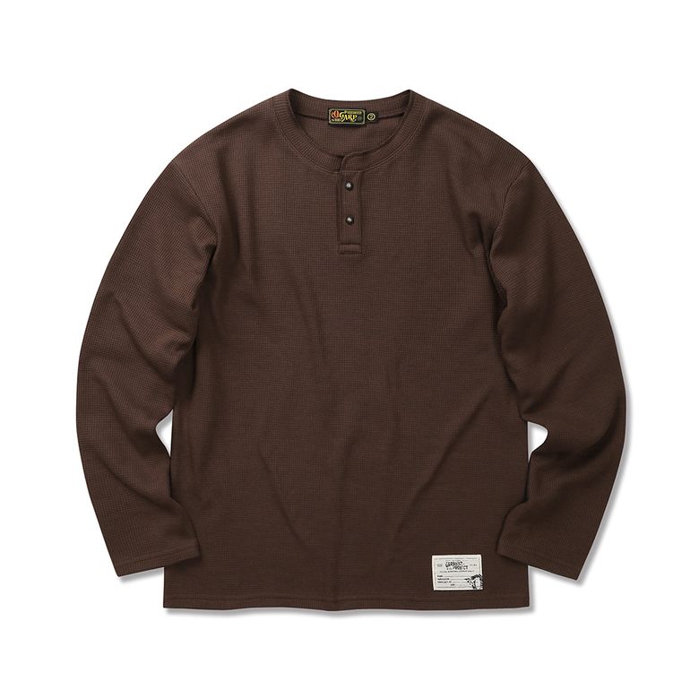 Waffle Henley Neck Long Sleeve Brown