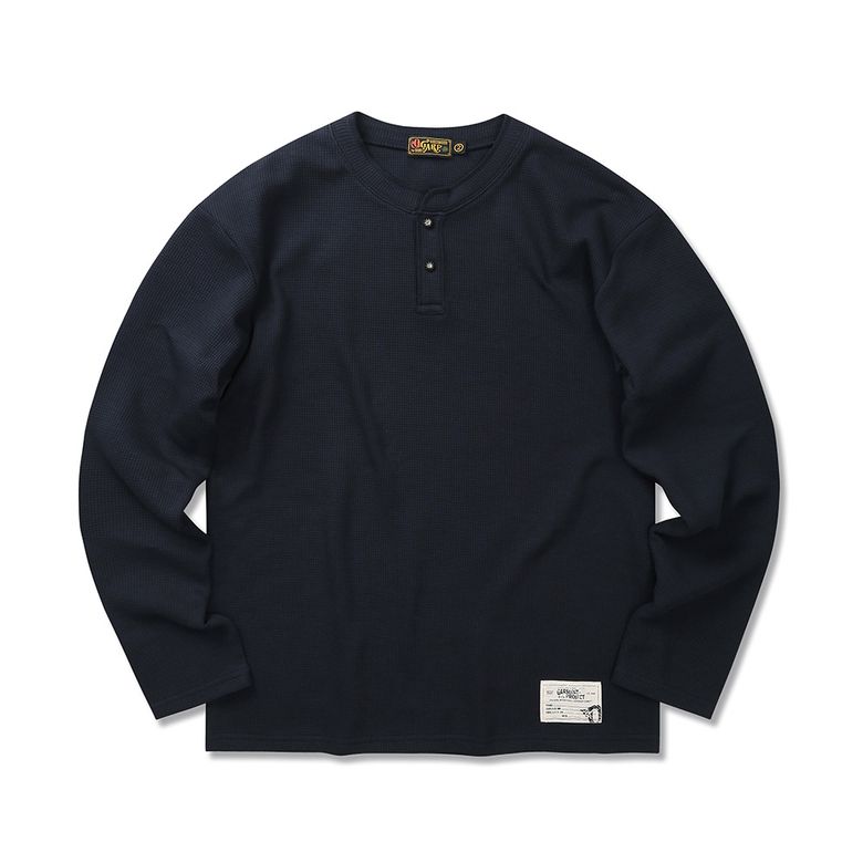 Waffle Henley Neck Long Sleeve Navy
