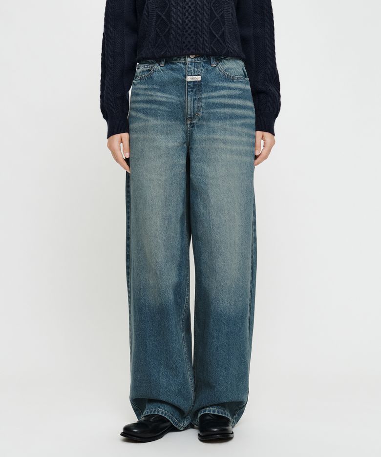 W BAGGY FIT DIRTY WASHED DENIM PANTS blue