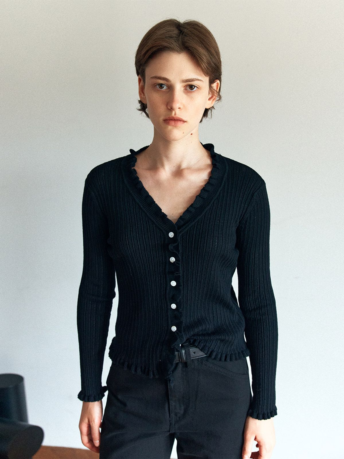 헌치(HUNCH) Frill Trim Sheer Cardigan (3color)