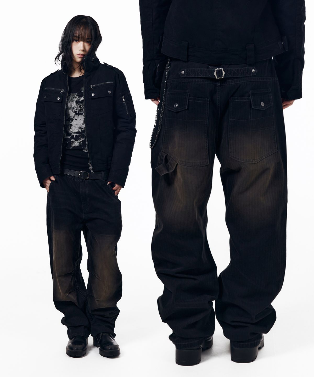 아캄(AAKAM) Utility Washed Herringbone Pants (Black)