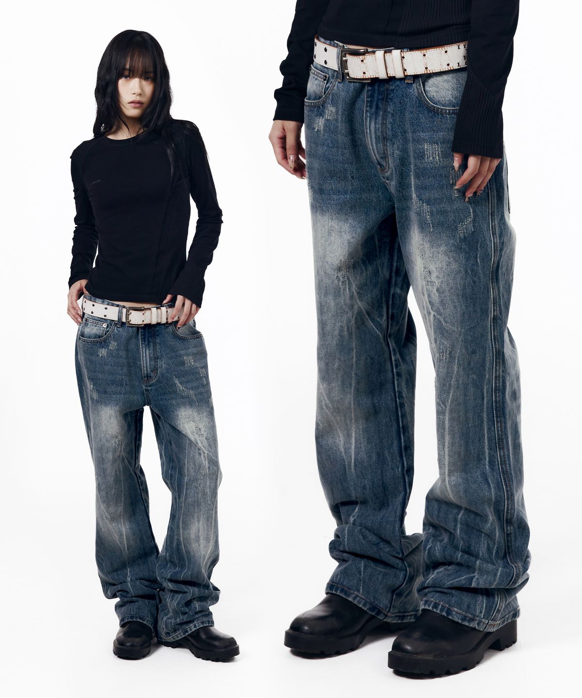 아캄(AAKAM) Destroyed Streak Flare Denim Pants (Blue)