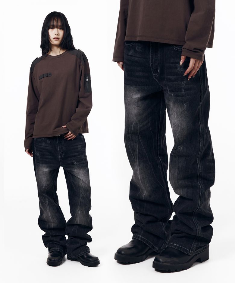 Destroyed Streak Flare Denim Pants (Black)