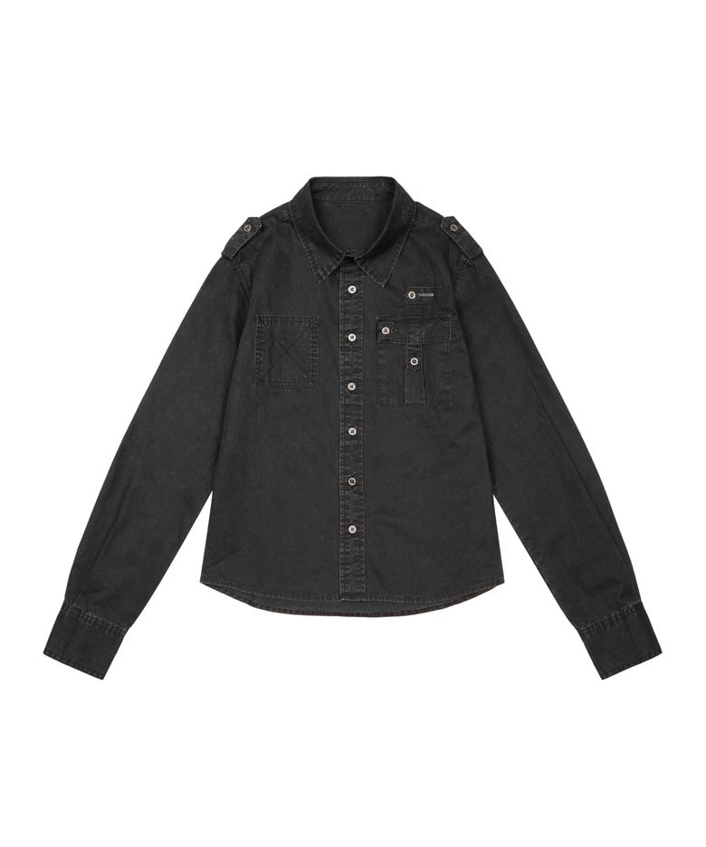 Vintaged Washed Pocket Long Shirts (Black)